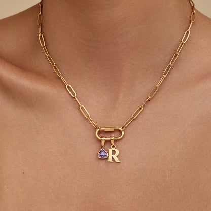 Gepersonaliseerde geboortesteen- en initiaal-karabijnhanger met slotpendant