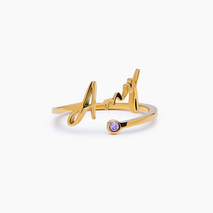 Ring met aangepaste naam en geboortesteen – Gepersonaliseerde sieraden met handtekening
