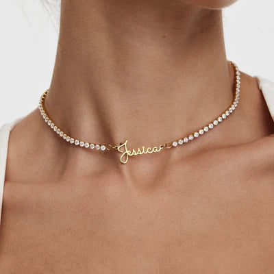 Signature Naamketting met Tennis-stijl Diamanten