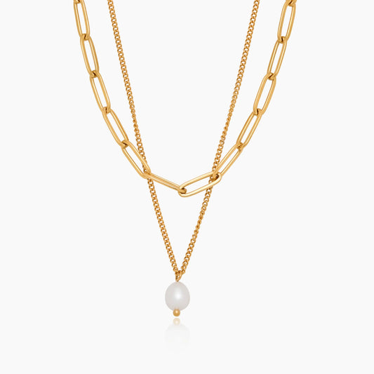 Gelaagde paperclip-ketting met parelhang