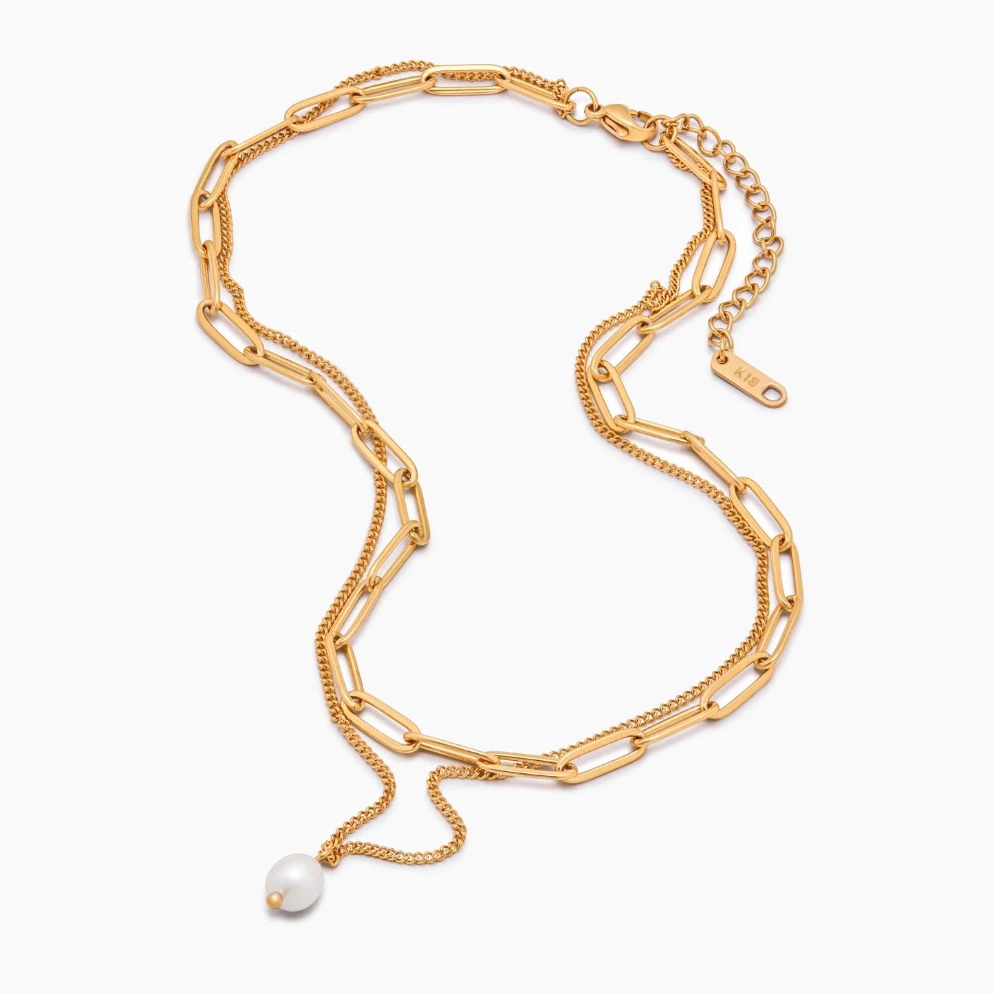 Gelaagde paperclip-ketting met parelhang