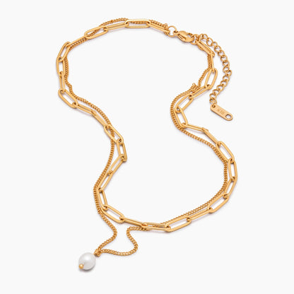 Gelaagde paperclip-ketting met parelhang