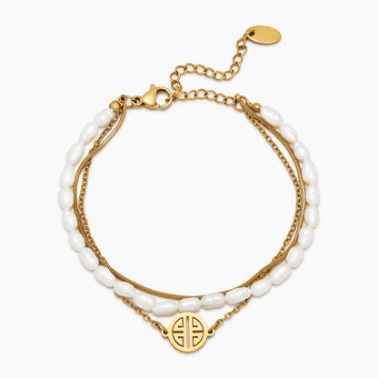 Zonovergoten Gelaagde Parel- en Gouden Armband