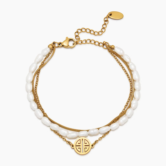 Zonovergoten Gelaagde Parel- en Gouden Armband