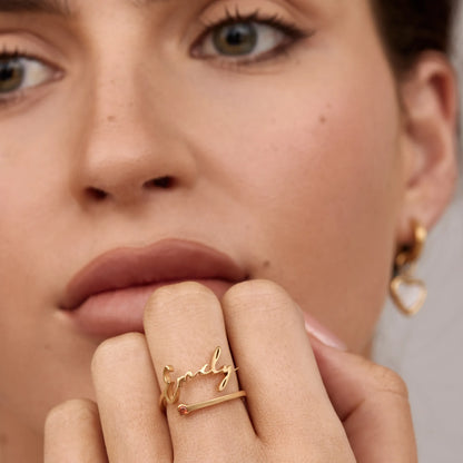 Ring met aangepaste naam en geboortesteen – Gepersonaliseerde sieraden met handtekening