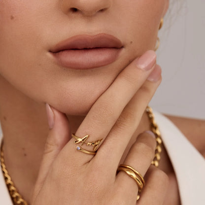 Ring met aangepaste naam en geboortesteen – Gepersonaliseerde sieraden met handtekening