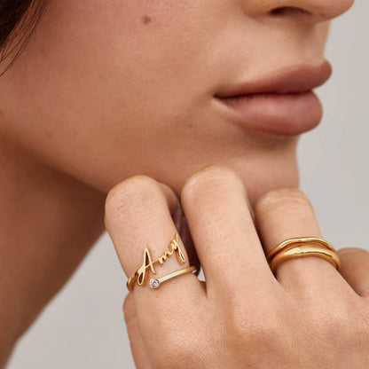 Ring met aangepaste naam en geboortesteen – Gepersonaliseerde sieraden met handtekening