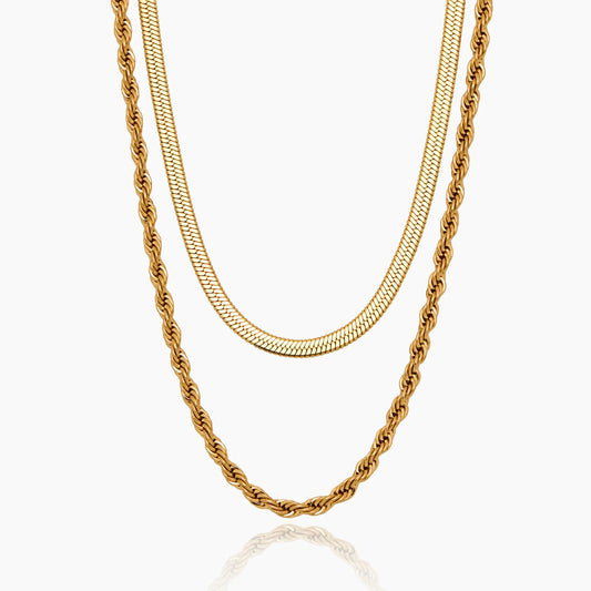 Gelaagde haringbone- en touwketting halsketting