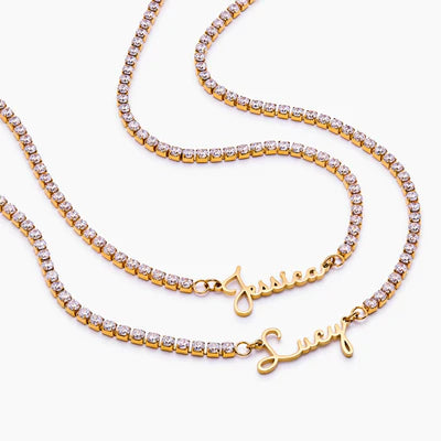 Signature Naamketting met Tennis-stijl Diamanten