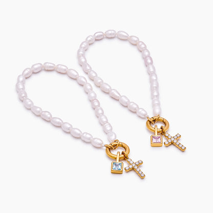 Elegante parel geboortesteen kruisbedelarmband